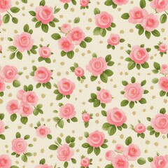 Floral pattern with pink roses and green leaves on a textured background.