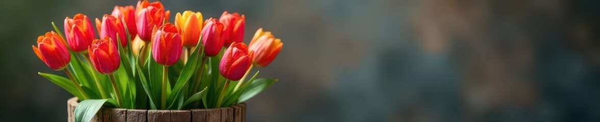 Naklejka premium Vibrant tulips burst from rustic wooden planter , colorful, tulips, colorful blooms