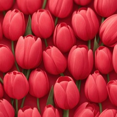 Fototapeta premium Vibrant red tulips create a lush floral pattern, evoking beauty and springtime freshness.