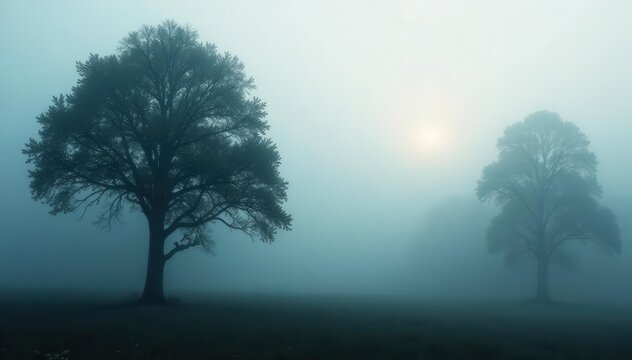Thick fog shrouds towering trees, creating an eerie yet beautiful scene , landscape, shadow