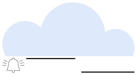 Large blue cloud in the center with a bell icon signaling notifications, complemented by minimalist lines. Ideal for storage, cloud computing, alerts, technology, apps, communication, flat simple