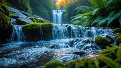 Obraz premium Cascading Waterfall Flowing Through Lush Green Forest with Mossy Rocks