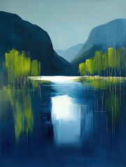 Painting of a calm lake reflecting mountains and trees under a blue sky.