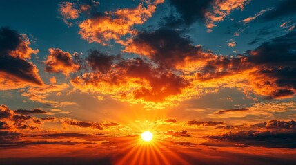 Fototapeta premium Fiery Orange Sunset Sky with Dramatic Clouds