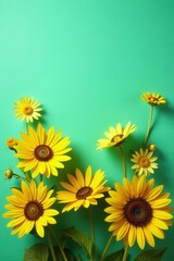 Vibrant sunflowers & daisies against teal backdrop, rustic, colorful, background
