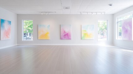 Pastel Abstract Paintings Gallery Wall Minimalist Bright Lighting Wide Shot Subtle Textures Art Display White Walls Soft Hues Ideal for Interior Design