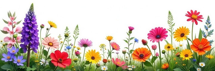 Vibrant wildflowers, diverse blooms, white backdrop, flowers, petals, picture