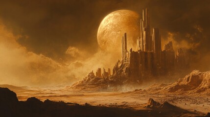 Golden City Ruins Under a Giant Moon in a Desert Landscape