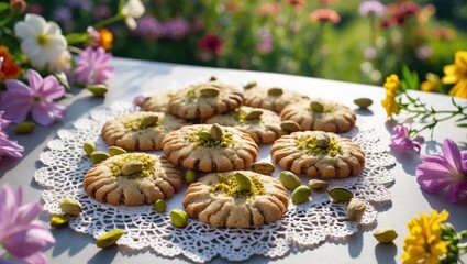 Serving pistachio cookies on doily surrounded by garden flowers