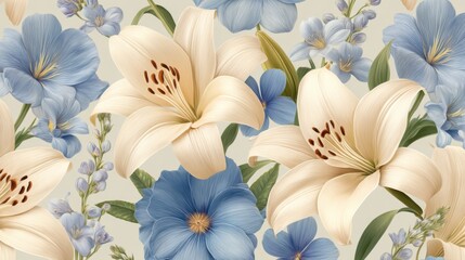 Delicate floral pattern featuring light-colored lilies and blue blooms on a soft background.