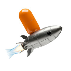 3d pill character riding a rocket isolated on white background
