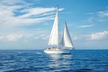 Fototapeta premium White Sailboat Sailing on Blue Ocean Water Under a Cloudy Sky on a Sunny Day