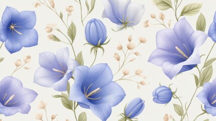 Obraz premium Delicate blue flowers with green leaves on a light background create a serene floral pattern.
