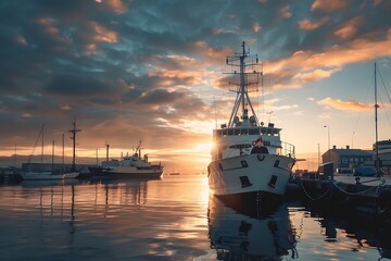 White Ship Docked At Harbor During Sunset with Golden Sky Reflection