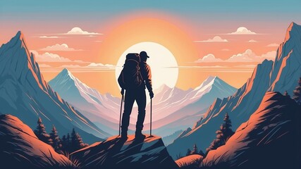 Fototapeta premium Hiker silhouette stands on peak. Backpack and trekking poles, sun glows behind mountain range. Nature scenery with blue sky, orange sunrise and layered hills.