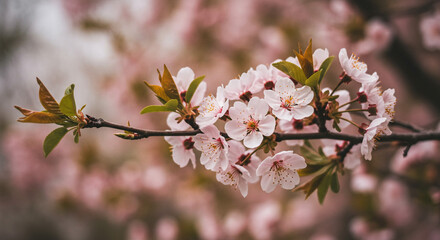 Obraz premium Delicate Spring Blossoms a Branch of Pink Cherry Flowers in Soft Natural Light Blurred Background
