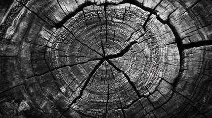 Fototapeta premium Close-up of a charred tree trunk's cross-section. Deep cracks radiate from the center, showcasing the wood's texture