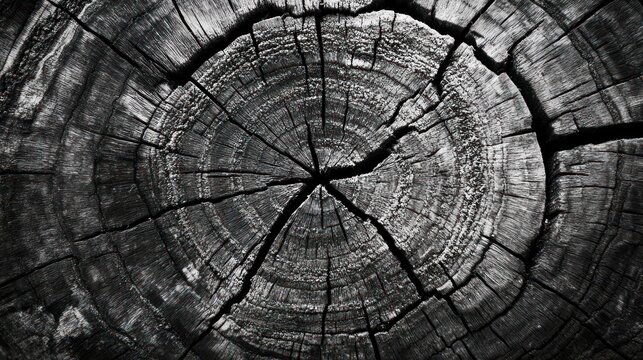 Close-up of a charred tree trunk's cross-section.  Deep cracks radiate from the center, showcasing the wood's texture