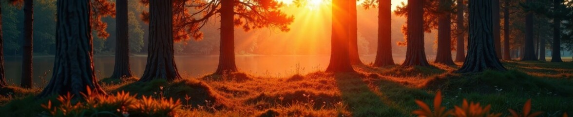 Fototapeta premium A forest of pines bathed in a warm orange glow, warm, trees