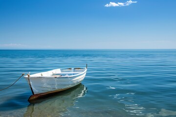 Naklejka premium White Wooden Boat Floating On Calm Blue Water Under Clear Sky