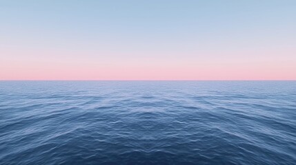 Obraz premium Calm, serene ocean horizon at sunrise or sunset. Gentle waves meet a vast, tranquil sky with a soft pink hue