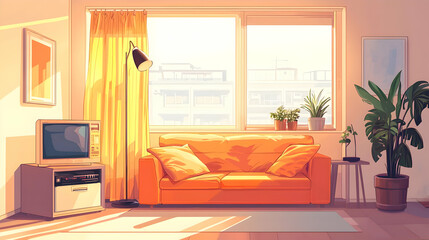 Warm Pixelated Living Room With Orange Couch