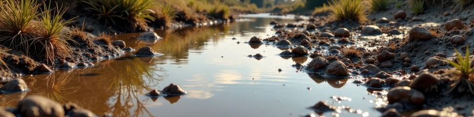 Muddy waterlogged area with scattered stones and twigs, wet land, arid, swamp