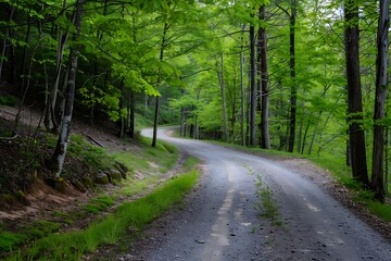Naklejka premium Winding Gravel Road Through Lush Green Forest With Canopy Sunlight Filtering Through