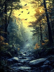 Fototapeta premium Forest scene with stream rocks trees and birds in flight sunlight shining through.