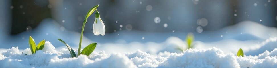 Fototapeta premium Single snowdrop blooming in the snowy landscape, flowers, landscape