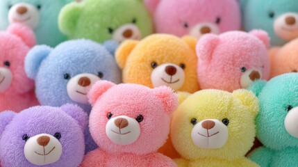 A vibrant collection of colorful teddy bears, featuring soft textures and cheerful expressions, ideal for children or as decorative items.