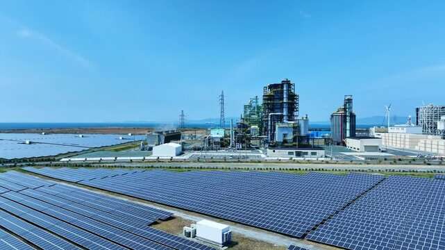 Aerial view of biomass power plant and wind and solar power plant