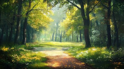 Fototapeta premium Sunlight filters through a verdant forest path.