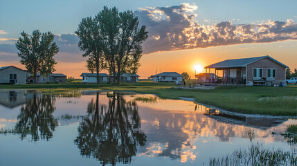 Obraz premium Flooded Rural Landscape At Sunset