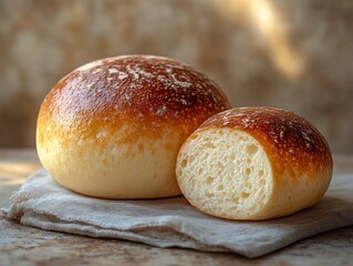 Fototapeta premium round rustic bun, one whole and one half, minimal display