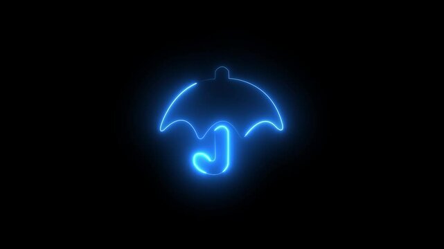 Blue Neon Umbrella Icon with Glowing Animation on Black Background &ndash; Travel and Waterproof Symbol