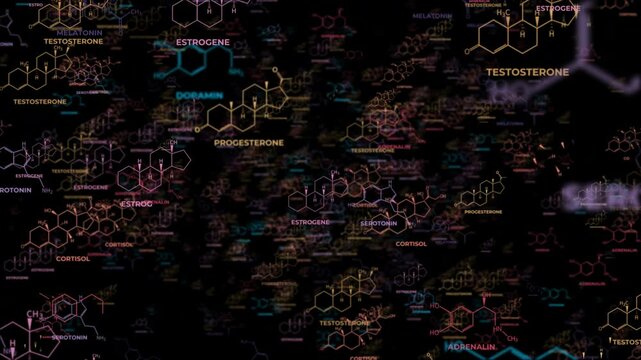 Abstract futuristic 3D animation of hormone molecule structures flying in 3D space, colored version, depth of field effect, concept of human biology, neurochemistry and hormone balance