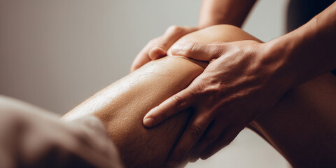 Close-up of hands massaging leg skin, showcasing smooth texture and gentle touch, representing relaxation and wellness therapy