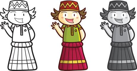 Funny and cute muslim boy wearing red sarung cartoon illustration in three colors version.