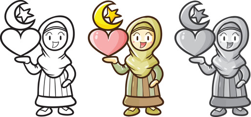 Cute and funny muslim woman holding star, moon, and heart cartoon illustration in three colors version