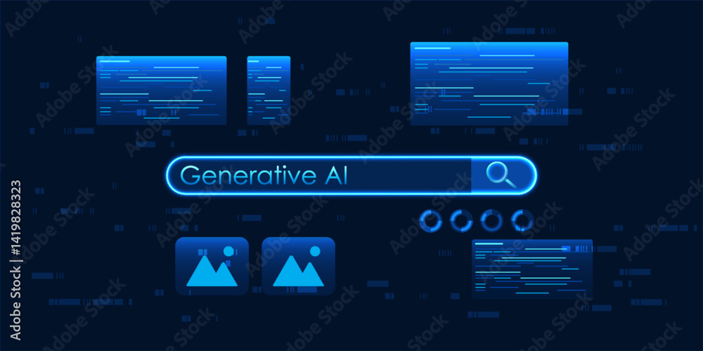 Poster generative ai technology with magnifying glasses reflects ai's ability to create content in various 