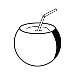 Simple line art of a coconut drink with straw in minimalist black and white style