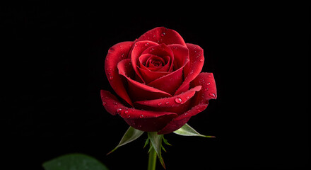 Blooming Red Rose with Water Droplets on Dark Background