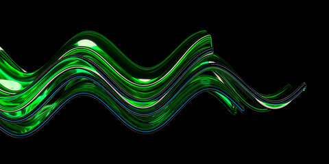 Abstract green wave ribbon on black background. 3d render