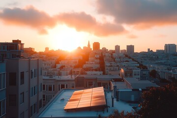 aerial view of suburban houses with solar panels on roofs during sunset