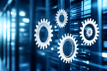 Abstract image of interconnected gears against a blurred background of server racks, symbolizing teamwork, technology, and seamless operations in a data center.