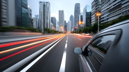 Fototapeta premium Urban highway traffic scene captured from a moving vehicle.