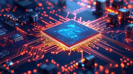 Obraz premium Glowing circuit board with central processing unit digital technology closeup