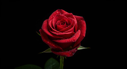 Fototapeta premium Blooming Red Rose with Water Droplets on Black Background