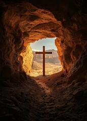 A cross is placed in the cave, with sunlight shining through from outside and illuminating it